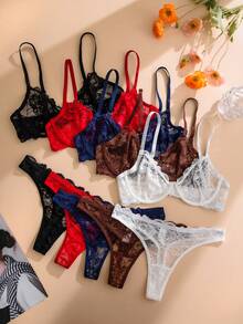 5pcs/Set Women's Solid Color Lace Underwire Soft Cup Comfortable Bra Set - Multicolor - View 3