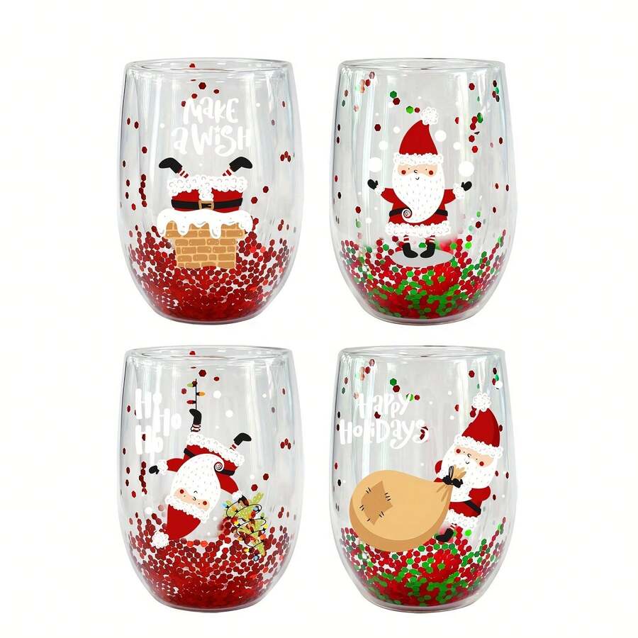 4pcs Christmas Santa Cartoon Double Wall Insulated Glass Set, Reusable Christmas Gift For Family And Friends, Machine Washable, Multi-Purpose Glassware With Holiday Patterns - Multicolor - View 1