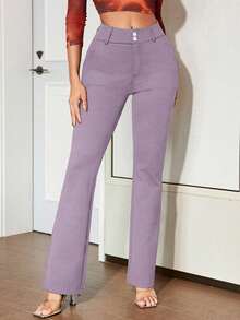 Apperloth A Elegant Solid Zipper Double Button Slant Pocket Back Elastic Waist Wide Leg Slim Fit Work Pants For Women Dress Pants Trousers