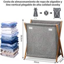 Cesto Ropa Sucia de con Tapa, Refuerzo Tornillo, Cesto para Colada Plegable de Bambú, Cesto para Ropa Sucia 75L con Capacidad Extra Grande Asas, Canasta de Lavandería Algodón Respirable,Gris - 1 - Ver 4