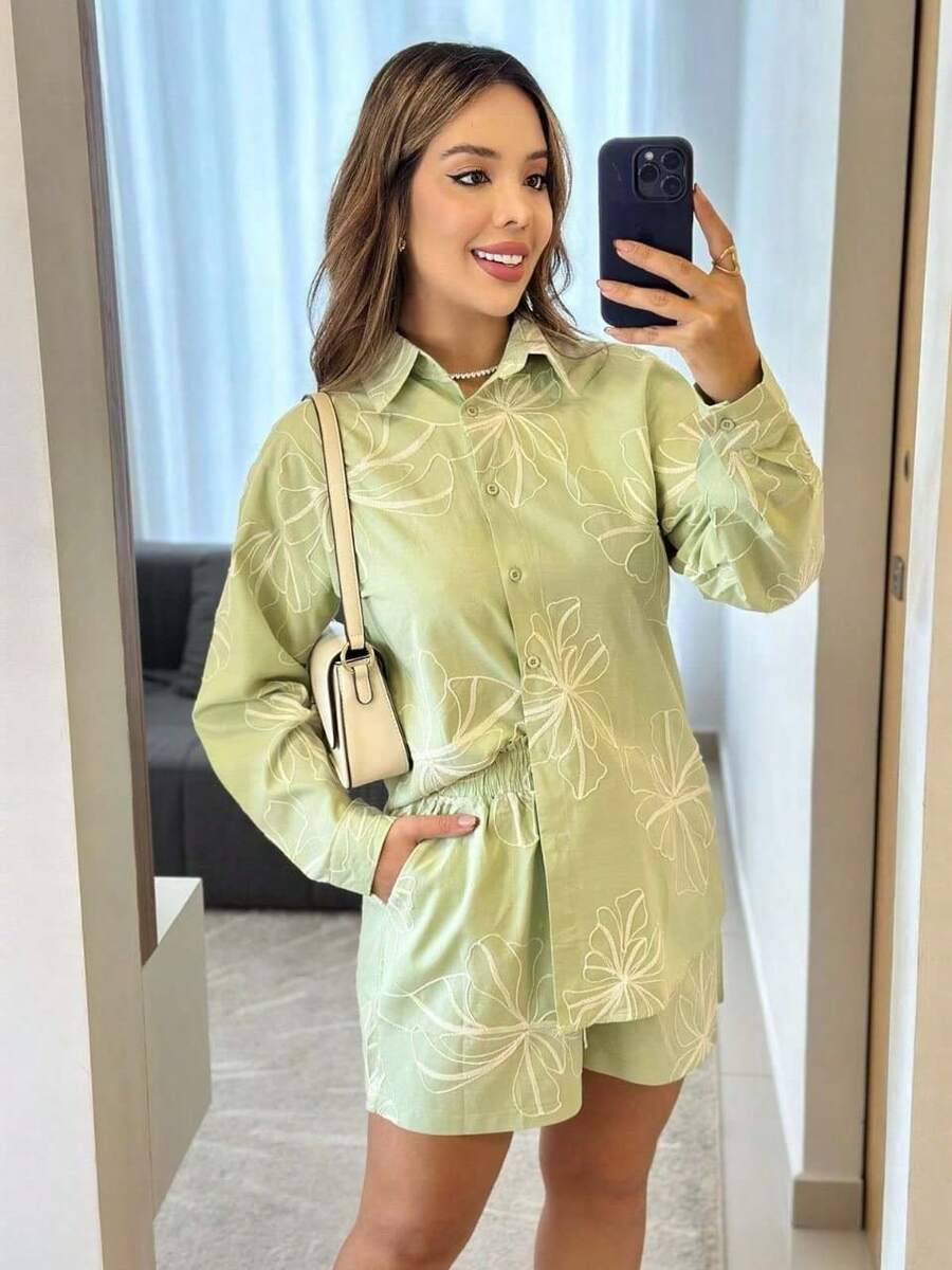 conjunto bordado Linho importado femininas modas T35061  Simples    Casual    Botões na frente  Bolso  Bordado