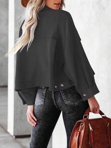 Womens Cropped Shacket Jacket Waffle Knit Overshirt Lightweight Button Down Top Long Sleeve - Xám - Xem 2