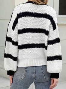 Women's Striped Loose Fit Sweater Fashionable Casual V Neck Long Lantern Sleeve Knit Patchwork Tops