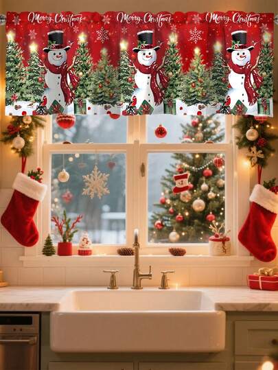 1pc Festive Snowman Christmas Curtain Valance 45*140cm Polyester Xmas Tree Pattern Short Window Treatment With Rod Pocket Merry Christmas Decorations 2025 For Home Seasonal Xmas Bedroom Living Room Kitchen Bathroom Laundry Short Curtain Decoration Gift Happy New Year 2026