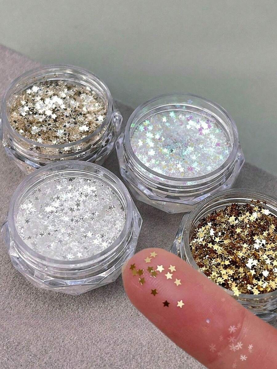 1/4 piezas Decoraciones de arte de uñas con mini estrellas de glitter dorado y plateado holográfico de 1 mm, para decoración de uñas, diseño de joyería de uñas de estilo japonés minimalista y lindo, 4 opciones de color, adecuado para salones de uñas y suministros de uñas - Multicolor - Ver 1
