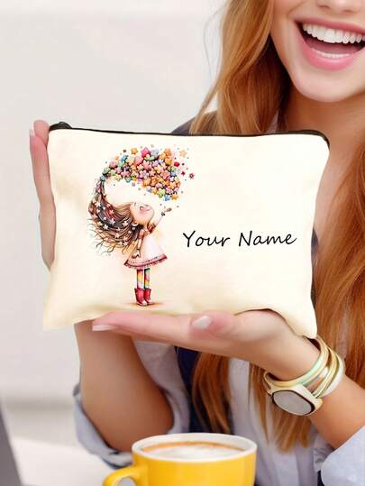 Customizable White Polyester Makeup Bag With Cute Girl Print – , Spacious Cosmetic Pouch For Women And Men, Personalized Gift Idea For All Ages, Mini Makeup Bag, Secure Zipper Pouch, Playful Design, Zipper Closure, Quality Craftsmanship