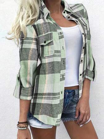 女式拉绒格子口袋袖口涤纶休闲衬衫，学院风通勤和周末休闲，翻领，秋冬