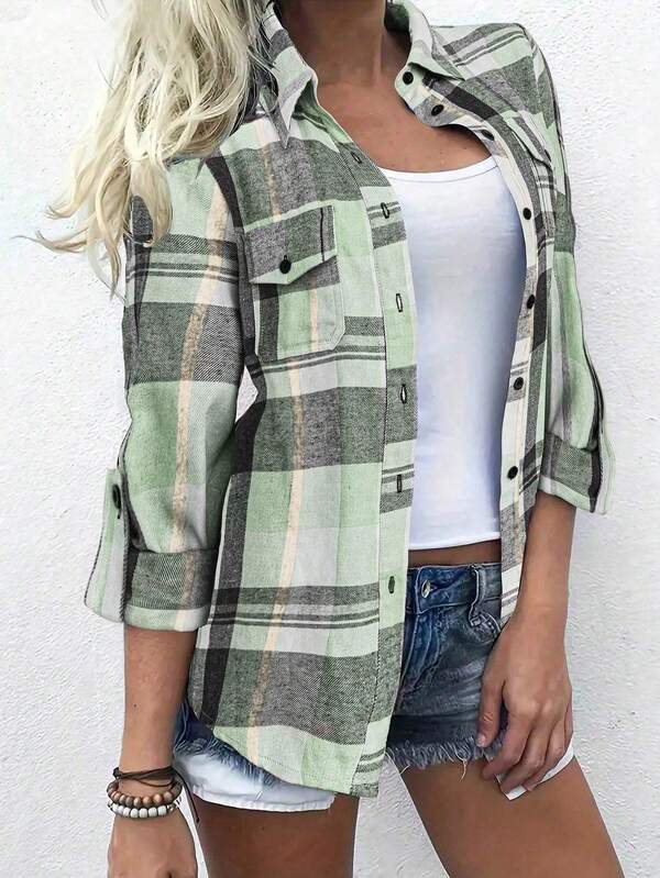 Women's Brushed Plaid Pocket Cuff Polyester Casual Shirt, Collegiate Style For Commute & Weekend, Turndown Collar, Autumn/Winter