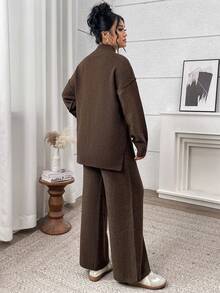 مجموعة كنزة صوفية محبوكة ذات لون أساسي أنيقة للمرأة البدينة، مناسبة للارتداء في المناسبات والخريف/الشتاء، ذات تصميم رشيق ودافئ - قهوة بني - مشاهدة 3