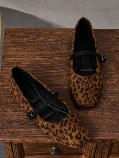 Women's Fashion Square Toe Leopard Print Shoes, Casual Office Wear, Versatile Slip-On Flats, High-Quality Outdoor/Party Wear, Black Mary Jane Ballet Flats, Suitable For Dresses, Spring/Summer