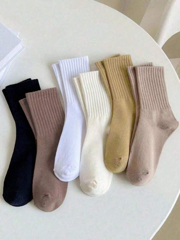 Conjunto de 6 pares de meias de cor sólida, meias esportivas versáteis e casuais de cano médio para mulheres, outono/inverno