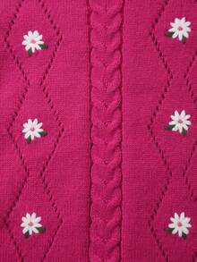 Girls' Spring/Summer/Autumn Knitted Cable Knit Round Neck Embroidered Hollow-Out Side Sleeveless Vest - Hot Pink - View 3
