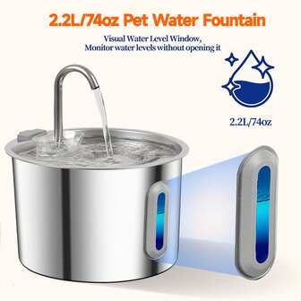 1 Pc Stainless Steel Cat Water Fountain For Drinking, 2.2L/74oz Pet Water Fountains Cats Bowl, Automatic Silent, Pet Drinking Fountain With Visible Water Level Window