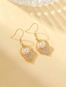 Bộ 2 bông tai mặt dây chuyền hình quạt đính pha lê và ngọc trai sang trọng, thích hợp làm quà tặng cho nữ trong đám cưới, lễ đính hôn hoặc các dịp lễ. - Vàng - Xem 7