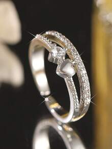 1 pieza Anillo de mujer minimalista con diseño geométrico de corazón y círculo, decoración diaria, regalo de citas para chicas, anillo de cobre con circonita cúbica