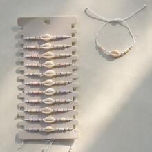 12pcs Bohemian Style Elegant Shell Beaded Adjustable Bracelets Set, Natural Shell, Women Holiday Party Gift