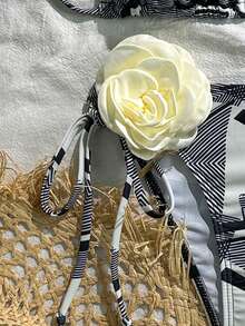 Women's Geometric Print Halter Bikini Two-Pieces Set, Sexy And Casual Backless Swimsuit, Featuring Tie Design And 3D Floral Decorations, Perfect For Beach Vacations, Pool Parties, And Summer Outings.