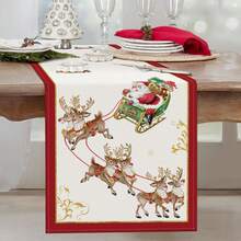 Weihnachts-Rentier Tischläufer, Weihnachts-Quadrat- und Rund-Tischsets, Weihnachtsmann Schlitten in Rot und Gold, saisonale Winter-Feiertags-Küchentischdekoration für Innen- und Außenbereich, in verschiedenen Größen erhältlich - Verschiedenfarbig - Übersicht 15
