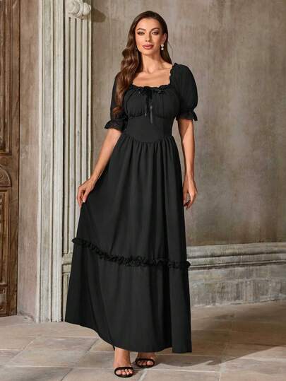 New French Vintage Solid Color Square Collar Ruffle Trim Waist Lace Puff Sleeve Women Dress, Gothic Style Long Formal Gown Suitable For Cosplay, Masquerade, Halloween