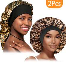 Awegeo 2件装女士长款缎面睡帽，豹纹印花，丝滑弹力护发睡眠帽 - 2Pcs-leopard print - 查看 12