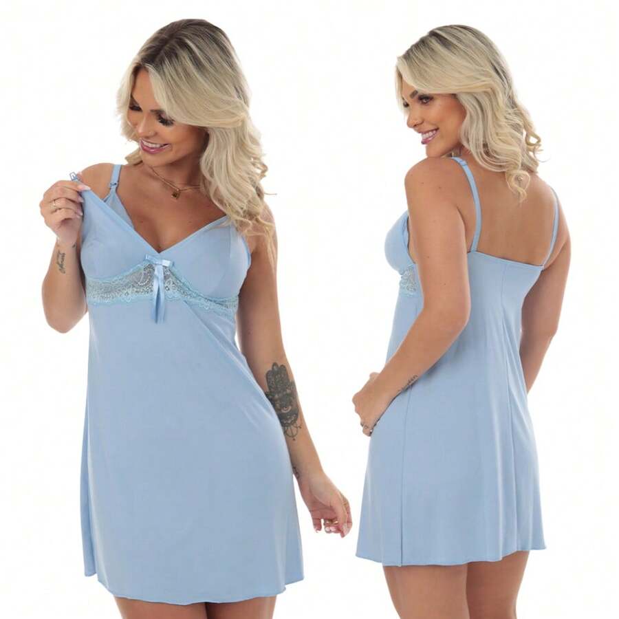 Camisola Amamentação com Renda Fecho no Busto para Amamentar Saída Maternidade Alça Reforçada