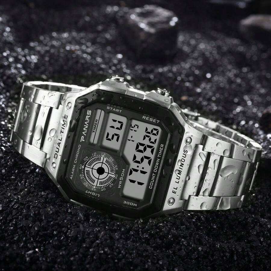 Men's Luxury Retro Alloy Watch LED Digital Sports Watch Waterproof Military Tactical Luminous Watch Backlight Wrist Watch - 銀色 - 查看 1