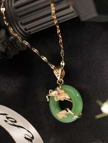 1 Green Peace Buckle Necklace Flower Ring Micro-Paved Light Luxury Niche Green Jade Lotus Leaf Pendant Suitable For Daily Wear By Women Valentines - 黃金 - 查看 3