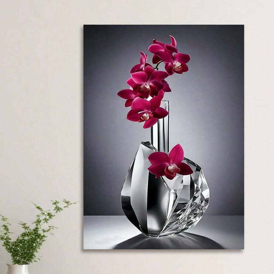1pc Orchid Flowers In Elegant Crystal Vase Canvas Print, Frameless Landscape Wall Art For Living Room, Bedroom, Home Bar Decor & Perfect Housewarming Gift - Multicolor - View 1
