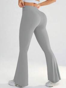 YZMJAFU 女士高腰喇叭裤，交叉弹力腰带设计，休闲百搭修身阔腿裤，弹力面料，凸显曲线，瑜伽/健身紧身打底裤，高腰隐形提臀收腹裤，柔软面料 - 淺灰色 - 查看 5