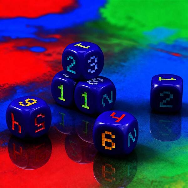 6pcs D6 Dice Set, Blue Dice Body, Multi-Color Numbering, Suitable For Yard, Outdoor Games, Tabletop Games, Festivals, Parties, With Storage Pouch