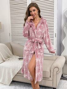 1pc Women's Heart & Bow Print Robe, Elegant & Fashionable, Thick & Warm For Autumn/Winter, Comfortable For Outdoor, Vacation, And Loungewear, Fluffy, Cozy - Pink - View 4