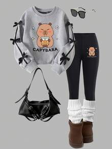 Tween Girl Cartoon Print Crew Neck Sweater And Leggings Set