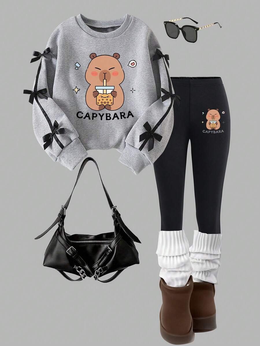 Tween Girl Cartoon Print Crew Neck Sweater And Leggings Set