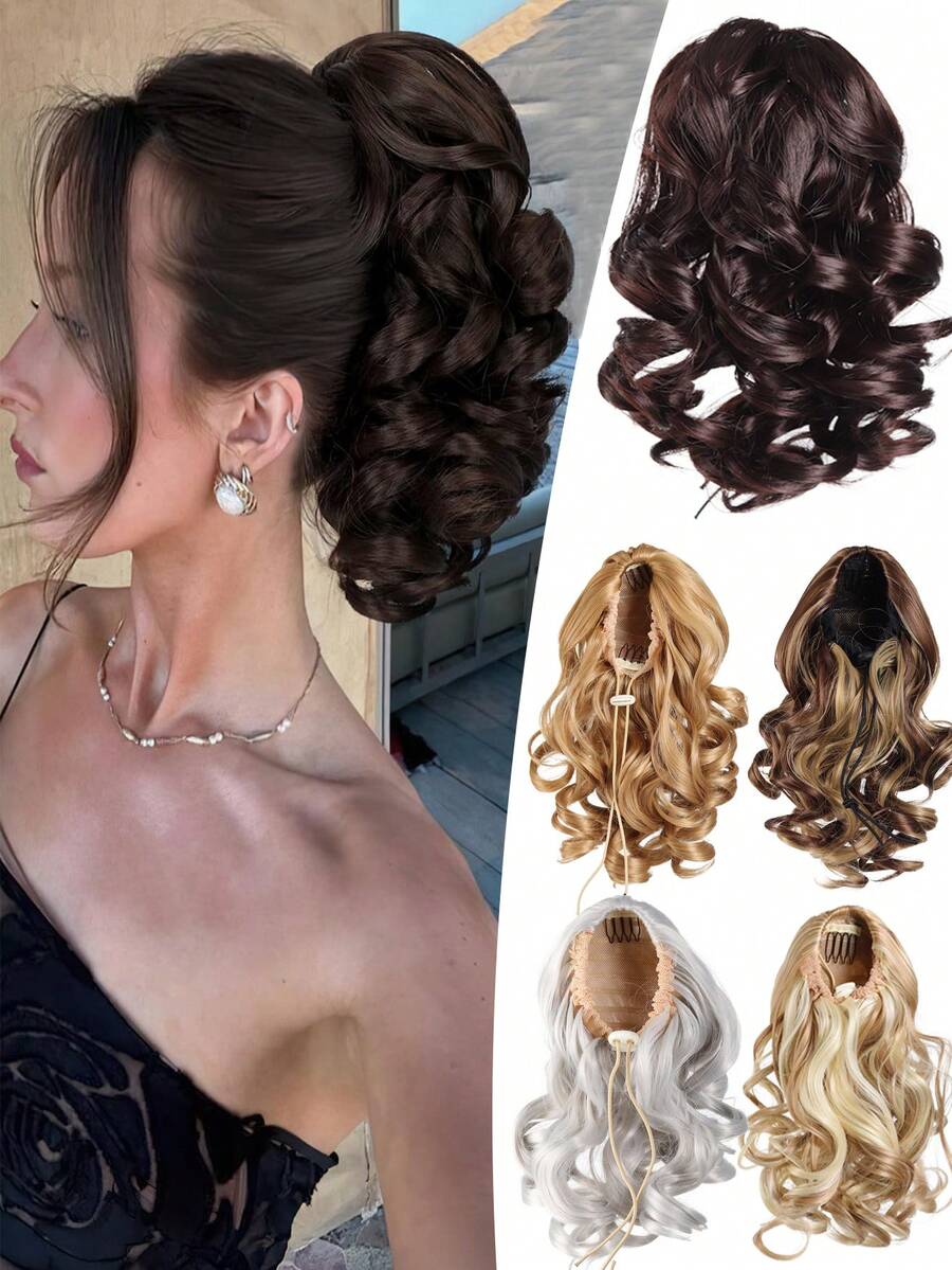 女士卷曲波浪马尾抽绳假发 - 黑色，无损伤，适合日常和特殊场合 - 自然造型合成发丝，易于拉直，多功能发饰，即时增加发量，耐热纤维，美容爱好者的必备单品