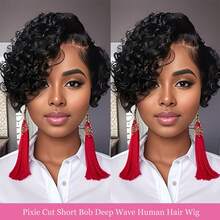 Pixie Cut Wigs Human Hair Short Curly Lace Front Human Hair Wigs For Women Beginner Friendly Brazilian Water Wave Bob Wig 13x4 Hd Transparent Lace Wigs Natural Black Mono Lace Wigs Human Hair Wigs Cosplay Wigs - Natural Black - 查看 3