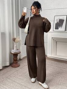 مجموعة كنزة صوفية محبوكة ذات لون أساسي أنيقة للمرأة البدينة، مناسبة للارتداء في المناسبات والخريف/الشتاء، ذات تصميم رشيق ودافئ - قهوة بني - مشاهدة 1