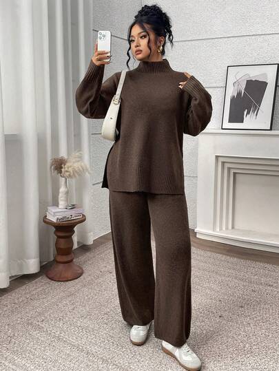 Plus Size Women Elegant Solid Color Ribbed Warm Slim Fit Knit Sweater Set, Versatile For Holidays, Autumn/Winter