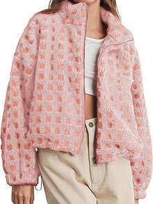 Sherpa Checkered Jacket For Women Plaid Zip Up Fleece Jacket With Pockets Winter Fall Fuzzy Cropped Coats - Pink - View 1