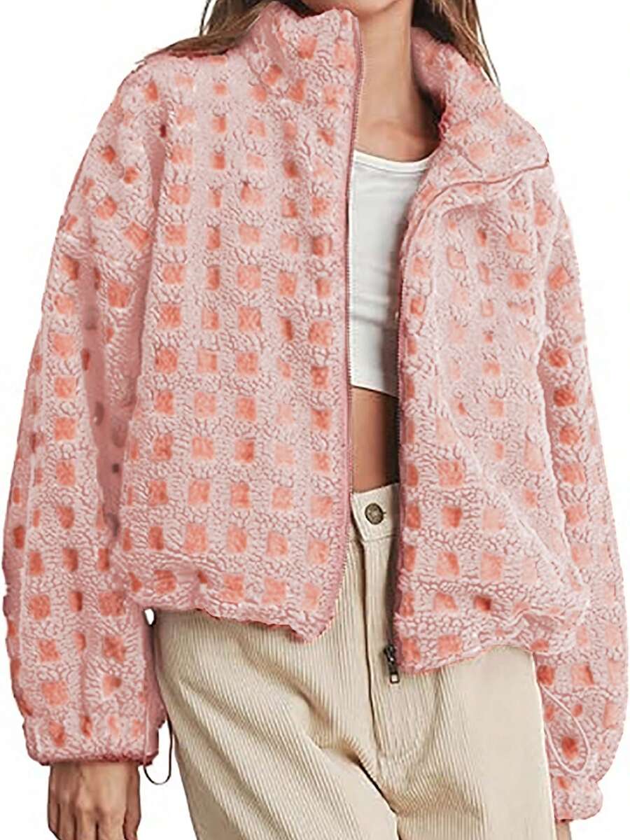 Sherpa Checkered Jacket For Women Plaid Zip Up Fleece Jacket With Pockets Winter Fall Fuzzy Cropped Coats - Pink - View 1