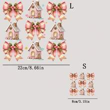 1pc/2pcs/3pcs Christmas Pink House Bow Heat Transfer Stickers, Gold Foil Stickers, Heat Transfer Decals For Hoodies, Pillows, T-Shirts, Backpacks, Jeans, DIY Canvas Bags, Fabric Decorations, Holiday Stickers, Holiday Accents, Glossy Finish, Long-Lasting Adhesive, Apparel Embellishments, Fashion Customization, Gift Making