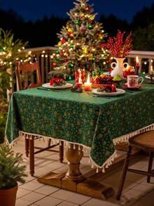 1pc Merry Christmas Green Rectangle Tablecloth, Christmas Golden Bells, Beige Tassel Decor, Washable, Dining Table Cover, Holiday Home Decor, Party Tablecloth, Dresser Scarf, Festive Occasion Decoration, Suitable For Kitchen, Dining Room, Wedding, Holiday, Party, New Year, Christmas Decor, Gift - Green - View 5
