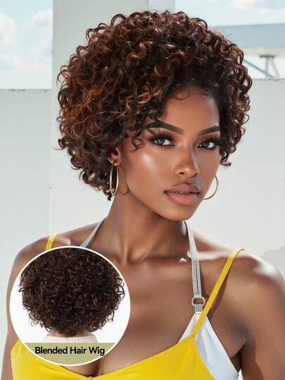 6 Inch Short Curly Hair Wig Blended Wigs A Mix Of Human Hair And Synthetic Human Frivolous Ordinary African Roll Suitable For Daily Party Festival And Cosplay Wigs For Women Hairstyle