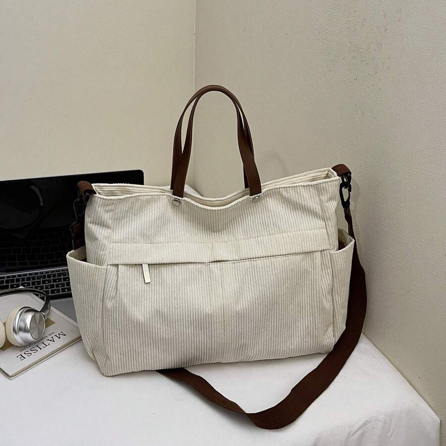 Women's Multi-Pocket Tote Bag, Minimalist Fashion Shoulder Crossbody Bag, Lightweight Foldable Shopper Bag For Commuting And Travel