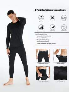 TELALEO 4 Packs Men's Thermal Compression Pants Fleece Lined Sports Tights Athletic Leggings Cold Weather Baselayer Winter Gear - 黑色 - 查看 6