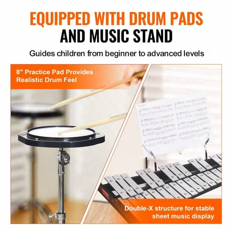 32-Note Glockenspiel Xylophone Set With Mallets, Adjustable Stand & Practice Pad - Perfect For Beginners And Music Enthusiasts - White - View 1