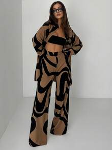 Bộ đồ nữ thời trang thường ngày, áo dài tay và quần in họa tiết tương phản màu sắc, thích hợp cho kỳ nghỉ xuân. - màu nâu - Xem 1