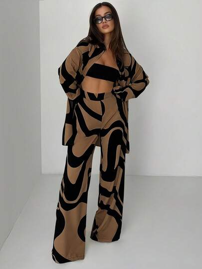 女士时尚休闲撞色印花长袖衬衫长裤套装，适合度假和春季穿着