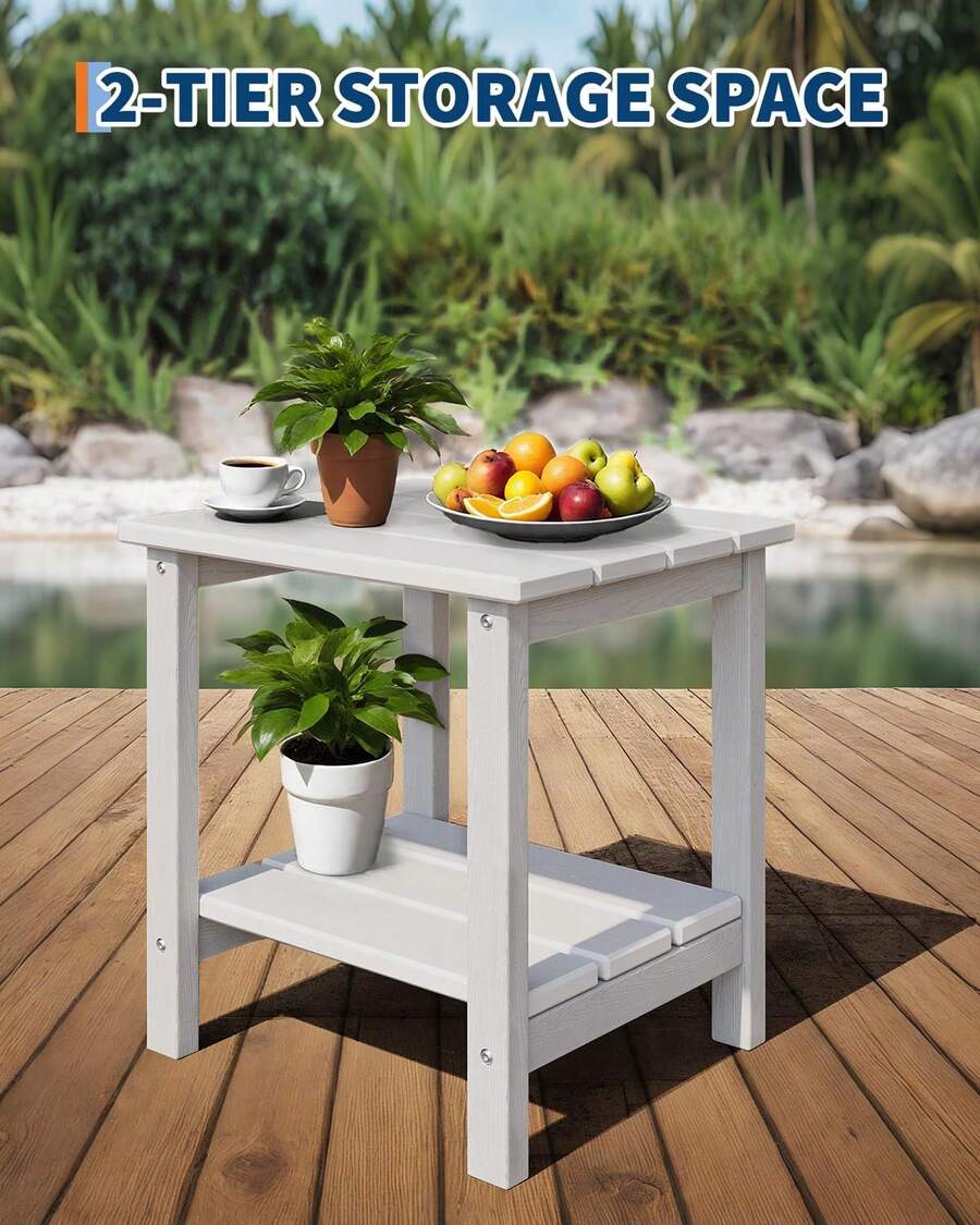 Meiyiu Outdoor Side Table 18 X 15 Inch, HDPE 2-Tier Patio Side Tables For Outside, All-Weather End Table For Patio Pool Deck Indoor Backyard - trắng - Xem 1