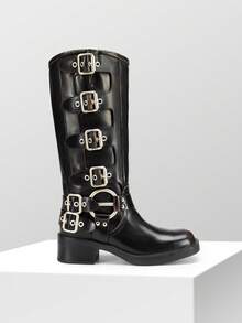 Women's Knee High Buckle Boots Motorcycle Biker Boots Square Toe Chunky Mid Heel Fashion Buckles Riding Boots - Dark Brown - View 6