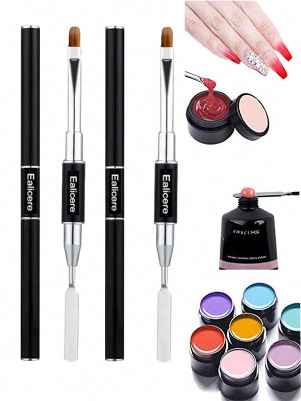 2 peças de escova de poligel de ponta dupla e ferramenta de escova de coleta, 2 em 1 designs de aço inoxidável escovas de poligel ferramenta de unha de gel para extensão de unhas de acrílico de poligel (preto)